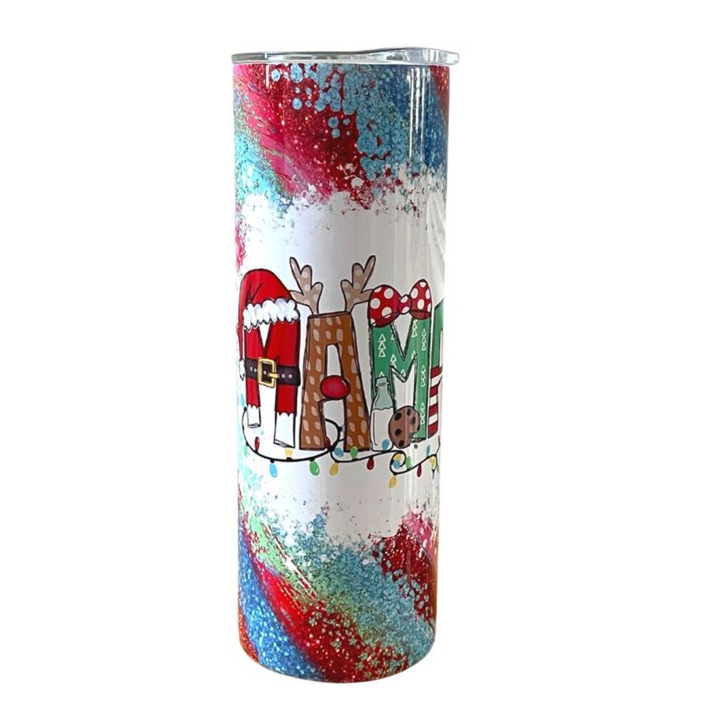 Mama Christmas Red Green Holiday Glitter Look 20 Oz Metal Tumbler w/Lid Straw
